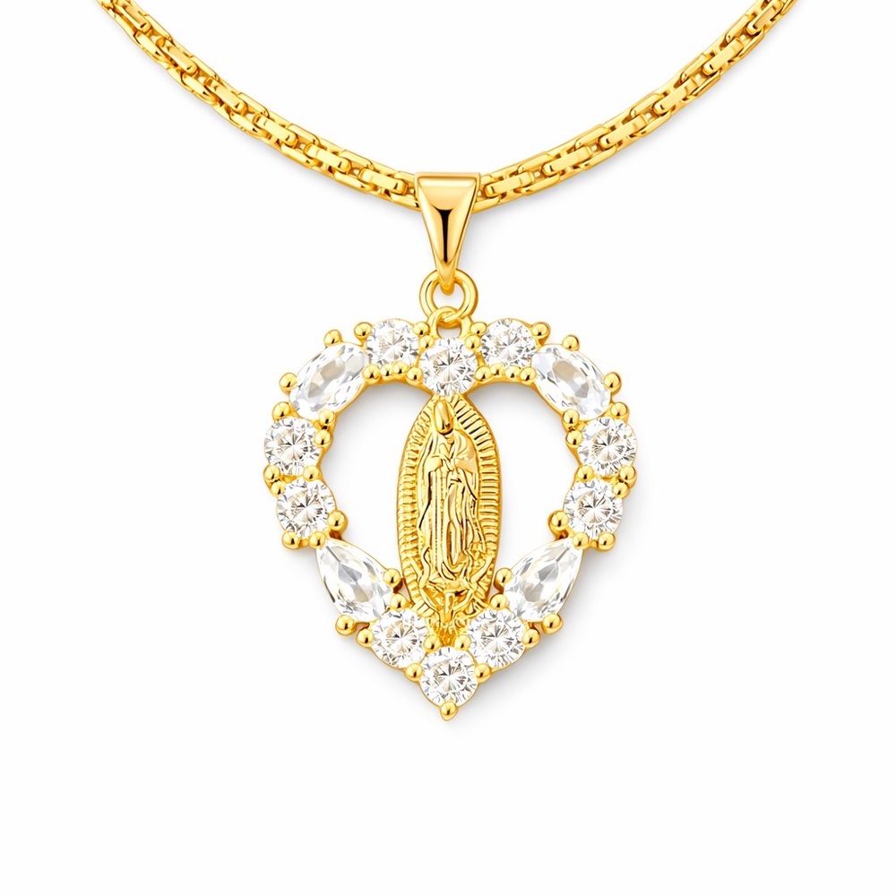18K Gold Plated Italian Rope Chain 18” Virgin Mary Guadalupe CZ Pendant Necklace